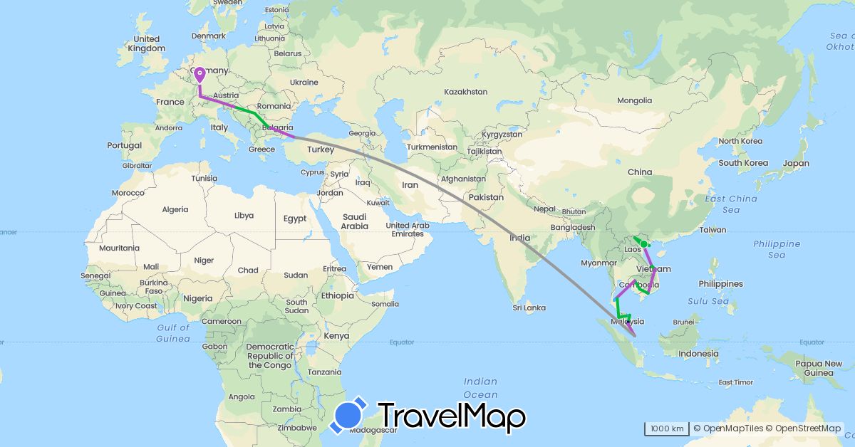 TravelMap itinerary: driving, bus, plane, train, boat in Bulgaria, Switzerland, Germany, Croatia, Cambodia, Malaysia, Serbia, Singapore, Thailand, Turkey, Vietnam (Asia, Europe)